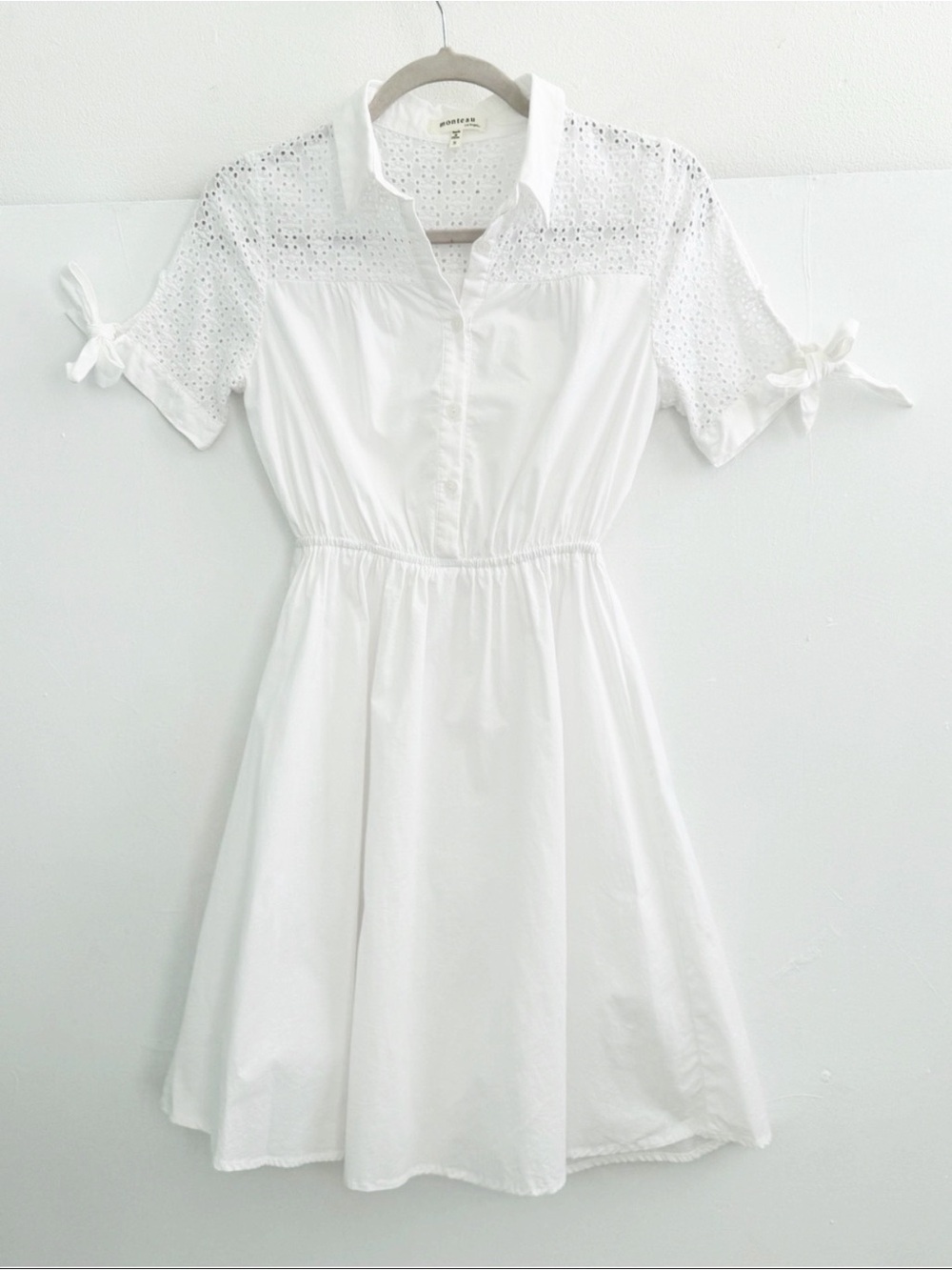 NEW Monteau White Eyelet Midi Dress buttons SMALL tie sleeve cottage womens